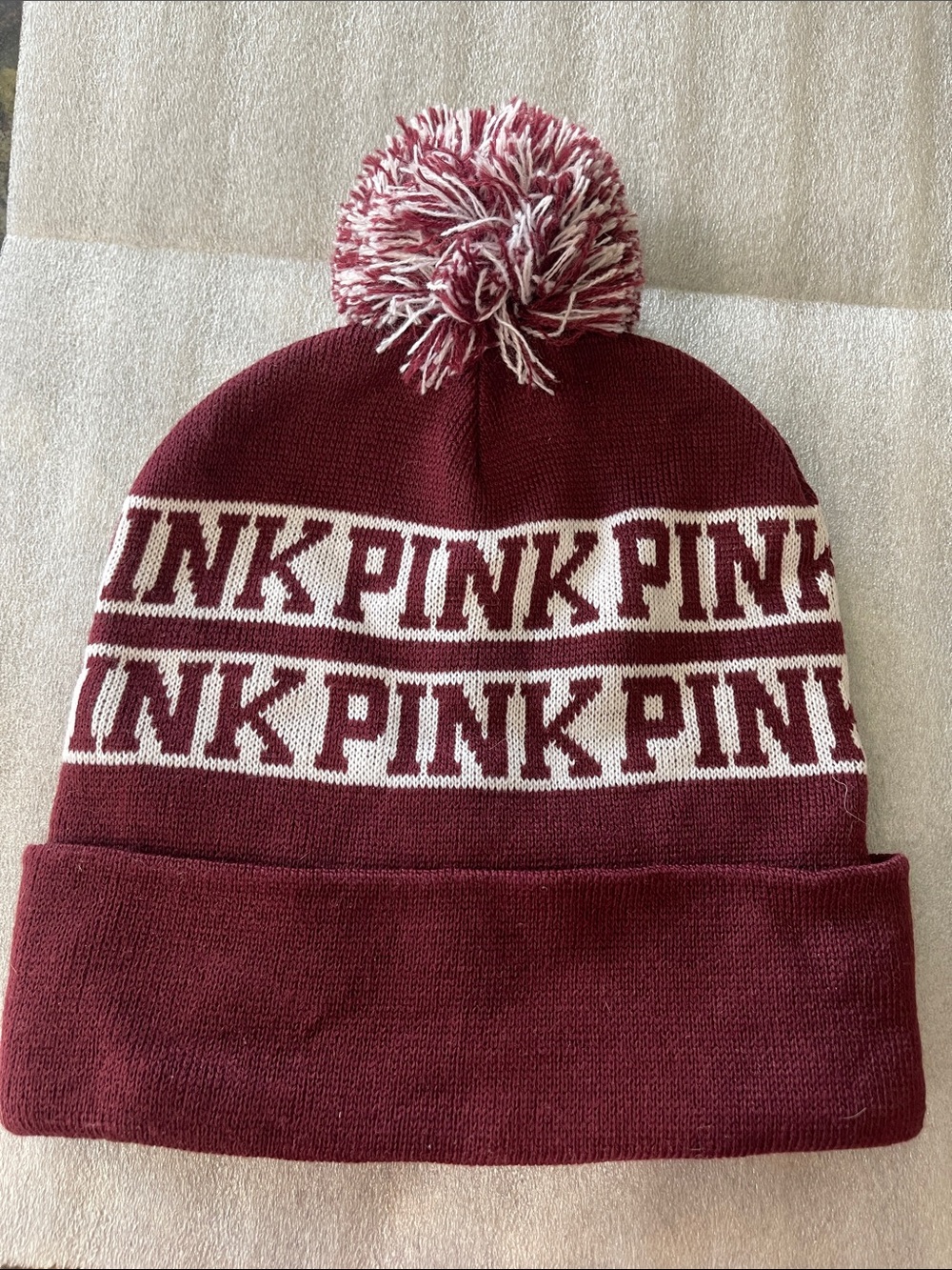 PINK Victoria's Secret Kids Maroon Pom Beanie with White Logo